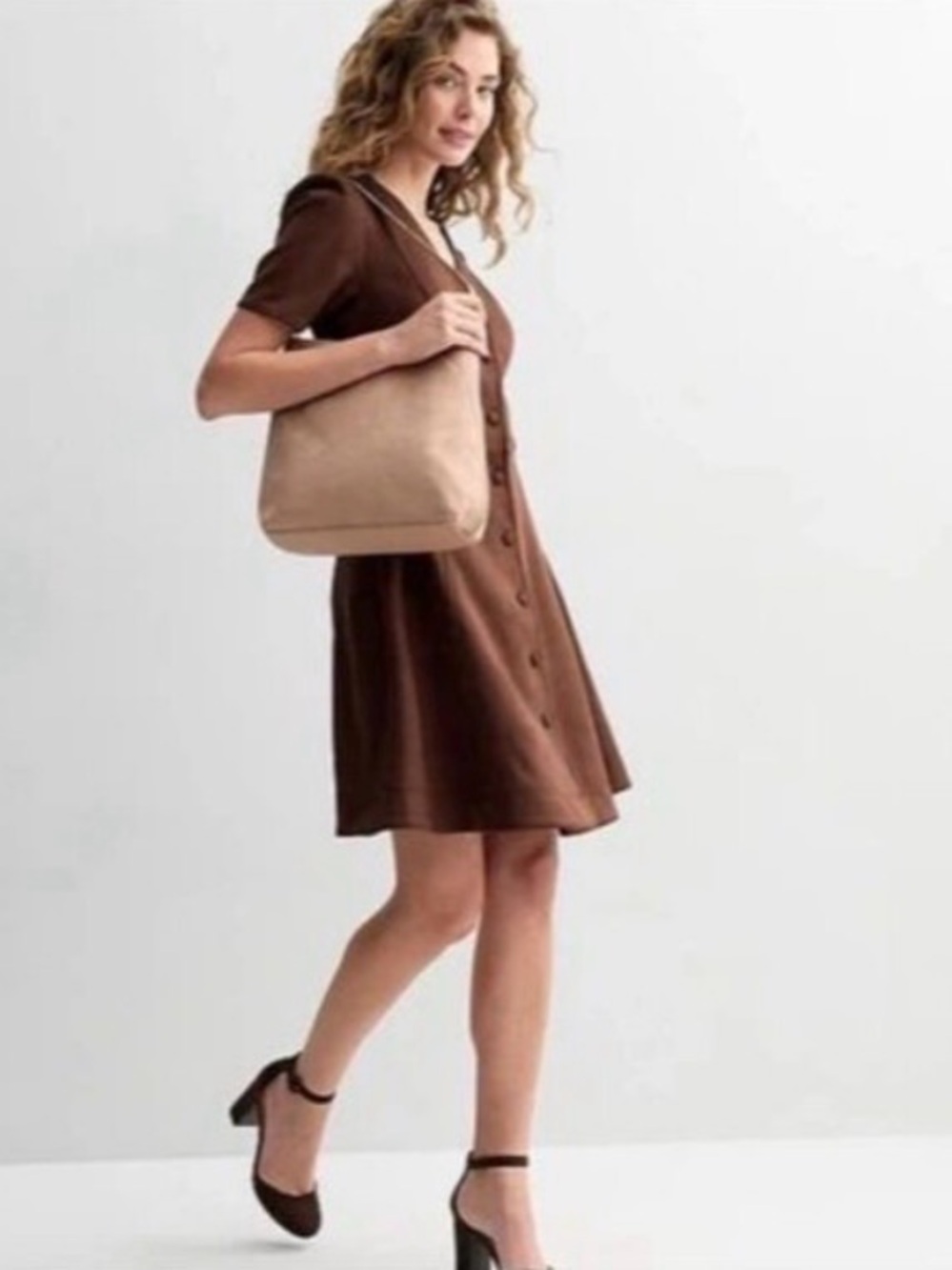 New Draper James Brown Faux Suede Short Sleeve Button Front Dress Womens Large